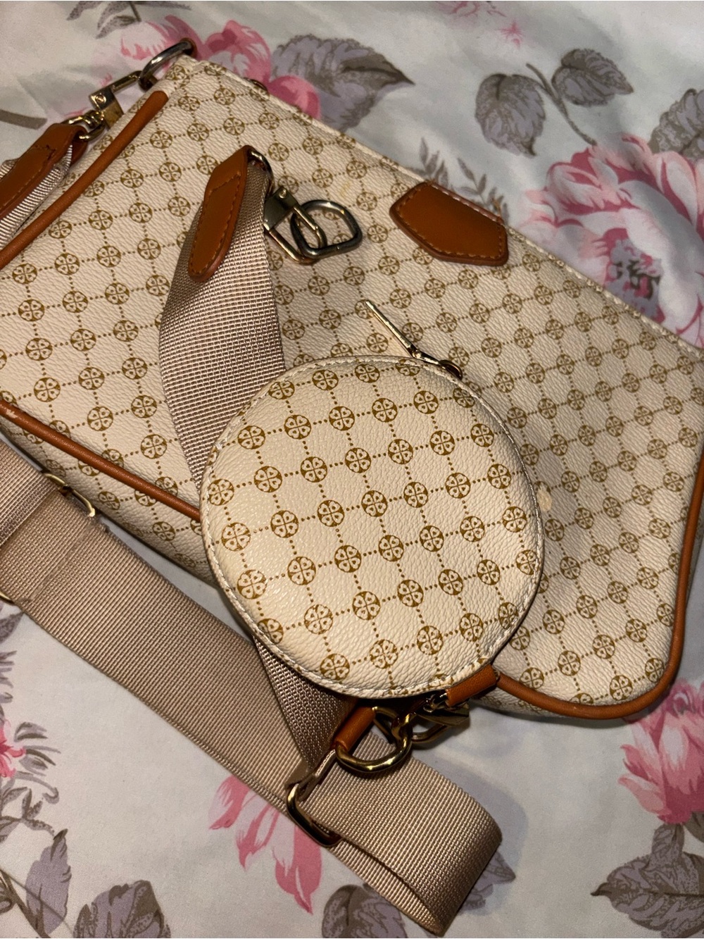 Beige Patterned Crossbody Bag with Coin Pouch